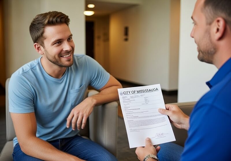 plumber handing over permit