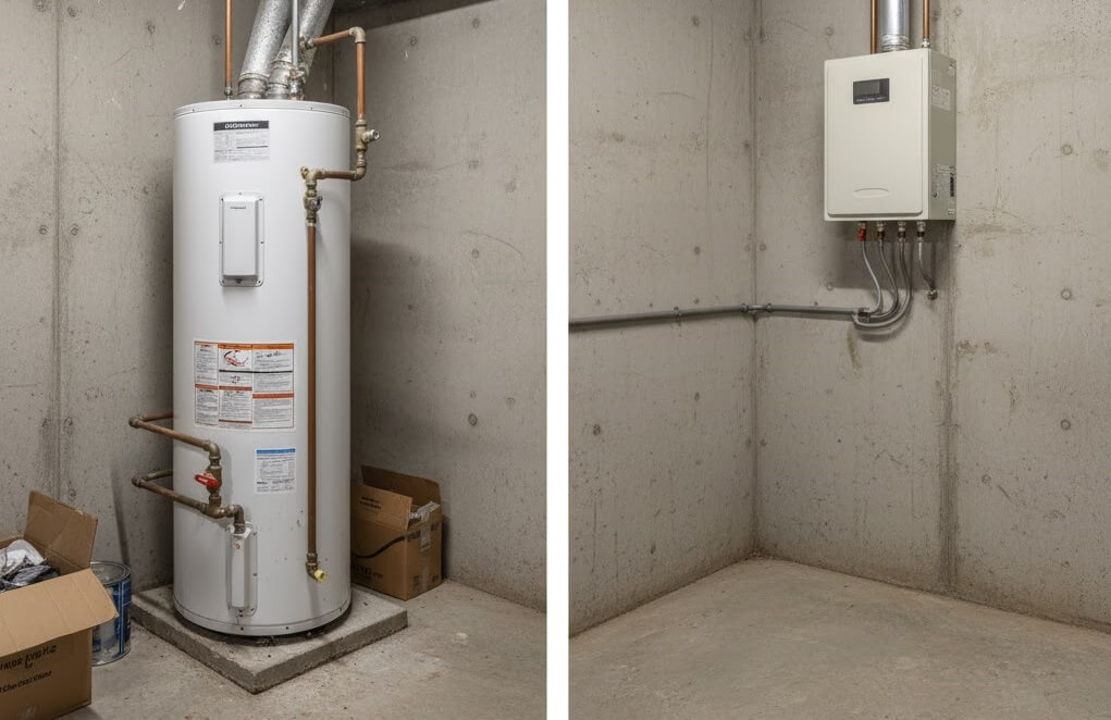bulky water heater vs tiny tankless water heater